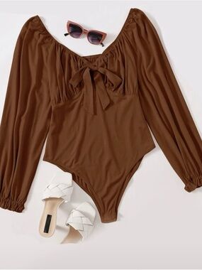 SHEIN Brown Long-Sleeve Bow Front Bodysuit
